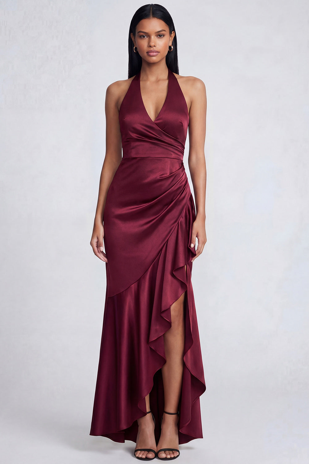 Halter Black Ruched Long Ruffled Mermaid Formal Dress with Slit