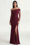 Long Sleeves Burgundy Ruched Long Mermaid Formal Dress with Slit