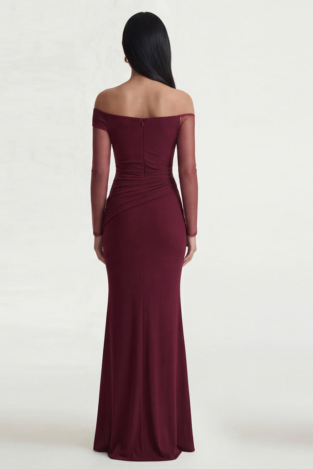 Long Sleeves Burgundy Ruched Long Mermaid Formal Dress with Slit