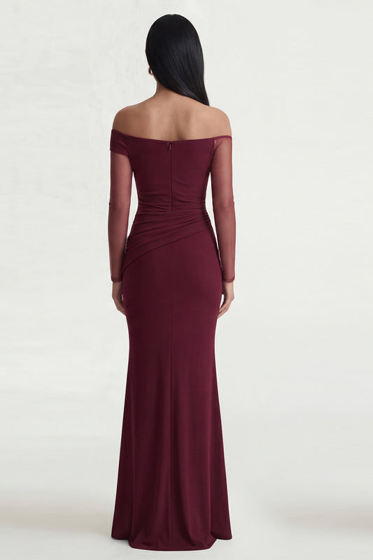 Long Sleeves Burgundy Ruched Long Mermaid Formal Dress with Slit