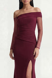 Long Sleeves Burgundy Ruched Long Mermaid Formal Dress with Slit
