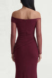 Long Sleeves Burgundy Ruched Long Mermaid Formal Dress with Slit