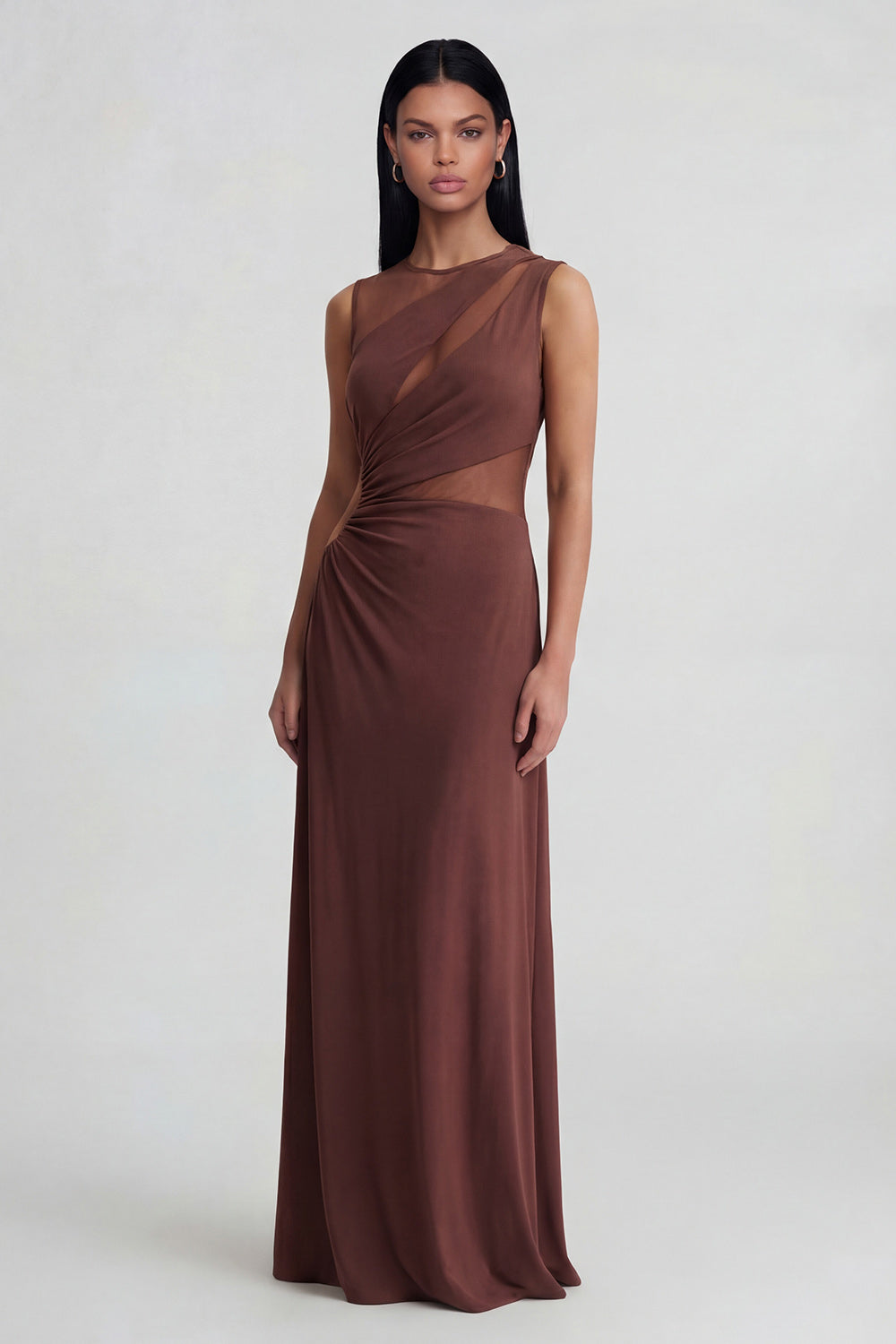 Round Neck Brown Mesh Ruched Long Sheath Formal Dress