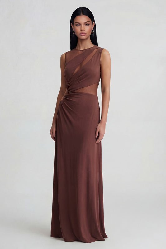 Round Neck Brown Mesh Ruched Long Sheath Formal Dress