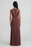 Round Neck Brown Mesh Ruched Long Sheath Formal Dress