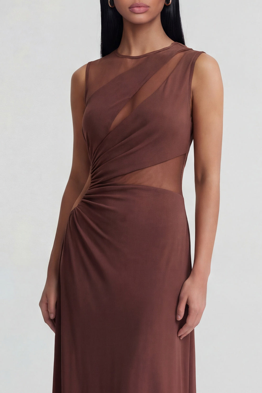 Round Neck Brown Mesh Ruched Long Sheath Formal Dress