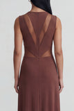 Round Neck Brown Mesh Ruched Long Sheath Formal Dress