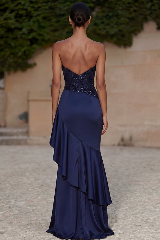 Sparkly Navy Strapless Beaded Ruffled Long Mermaid Formal Dress with Slit