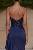 Sparkly Navy Strapless Beaded Ruffled Long Mermaid Formal Dress with Slit