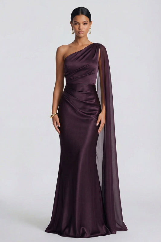 Cabernet One Shoulder Ruched Long Mermaid Formal Dress with Side Cape