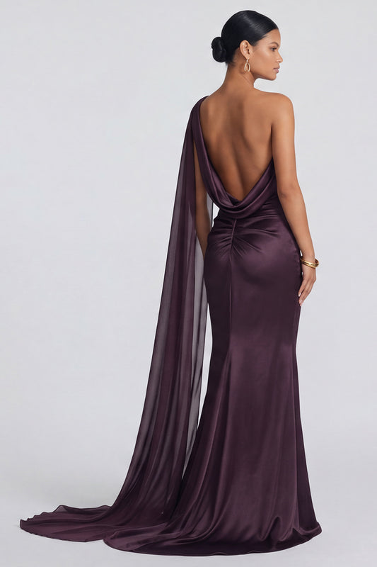 Cabernet One Shoulder Ruched Long Mermaid Formal Dress with Side Cape