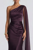 Cabernet One Shoulder Ruched Long Mermaid Formal Dress with Side Cape