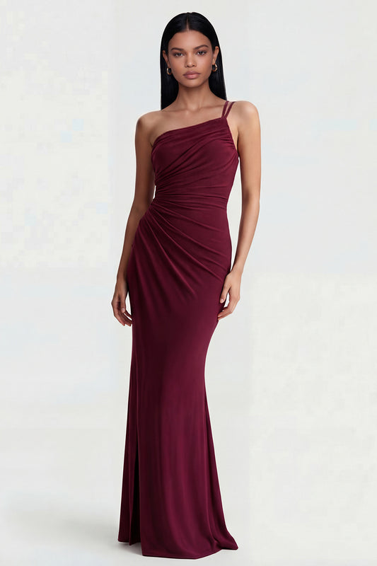 Burgundy One Shoulder Ruched Long Mermaid Formal Dress
