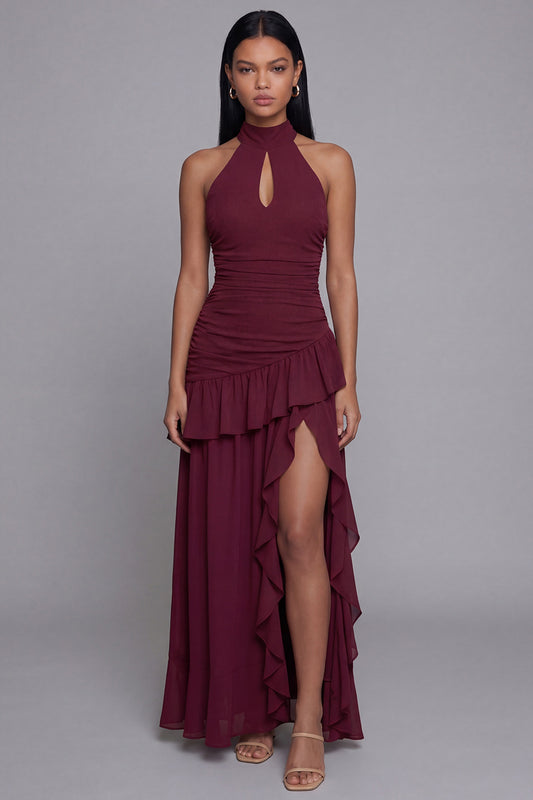 Halter Backless Burgundy Ruffled Keyhole Ruched Long A Line Formal Dress with Slit