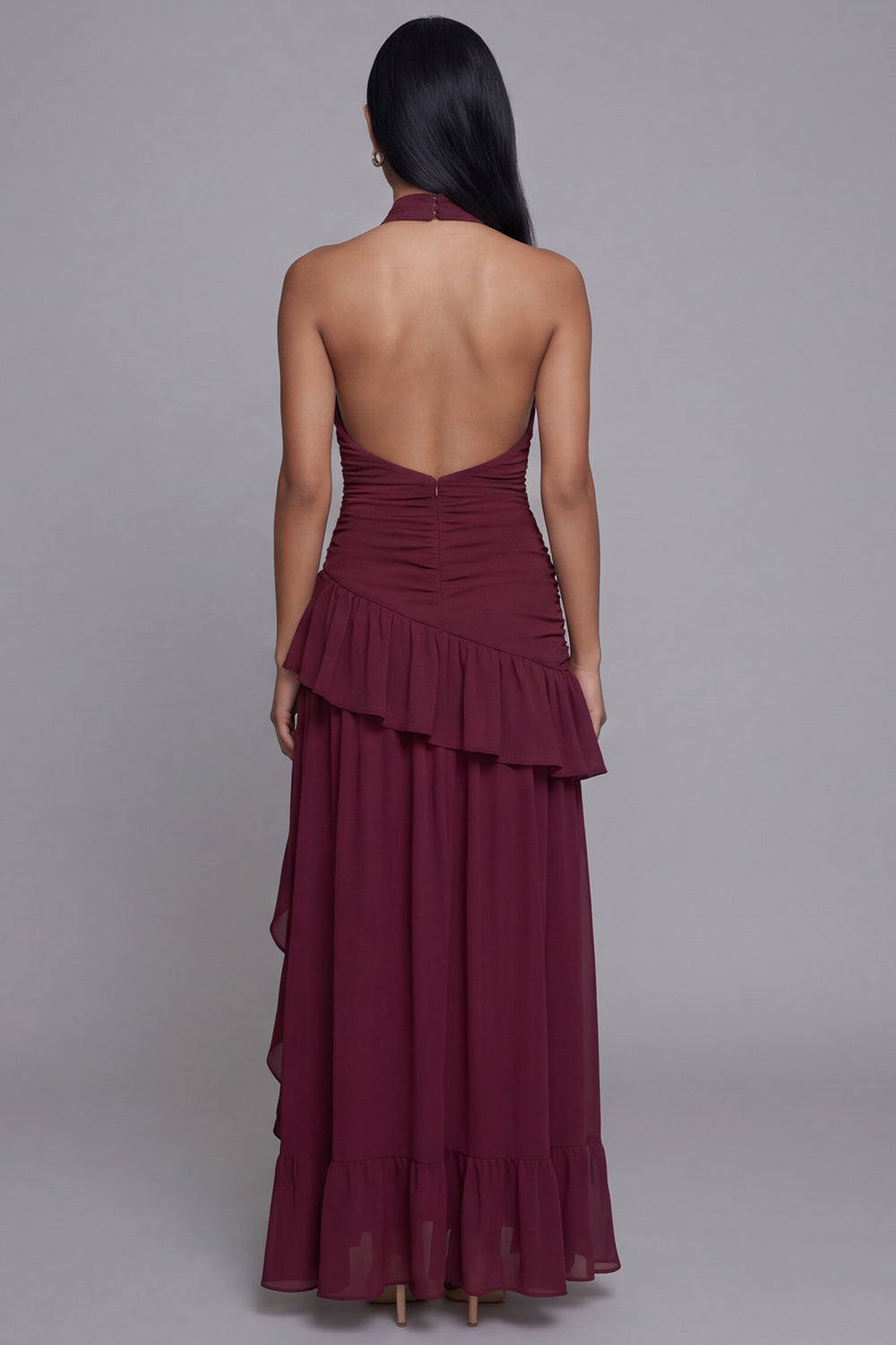 Halter Backless Burgundy Ruffled Keyhole Ruched Long A Line Formal Dress with Slit