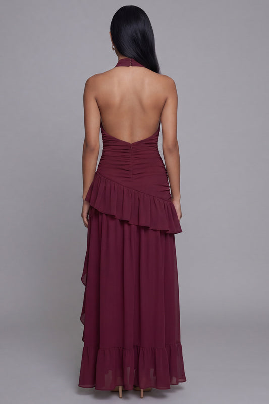 Halter Backless Burgundy Ruffled Keyhole Ruched Long A Line Formal Dress with Slit