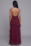 Halter Backless Burgundy Ruffled Keyhole Ruched Long A Line Formal Dress with Slit