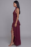 Halter Backless Burgundy Ruffled Keyhole Ruched Long A Line Formal Dress with Slit