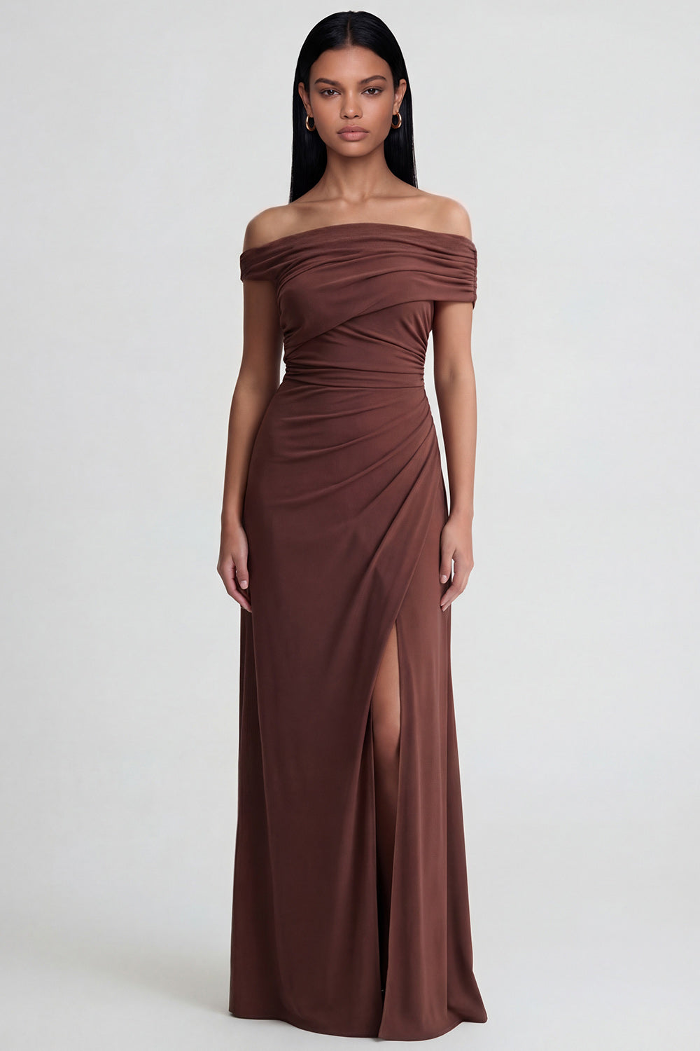Zapakasa Women Brown Long Formal Dress with Slit Off the Shoulder