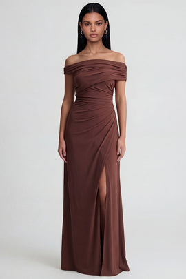 Off the Shoulder Brown Ruched Long Sheath Formal Dress with Slit