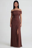 Off the Shoulder Brown Ruched Long Sheath Formal Dress with Slit