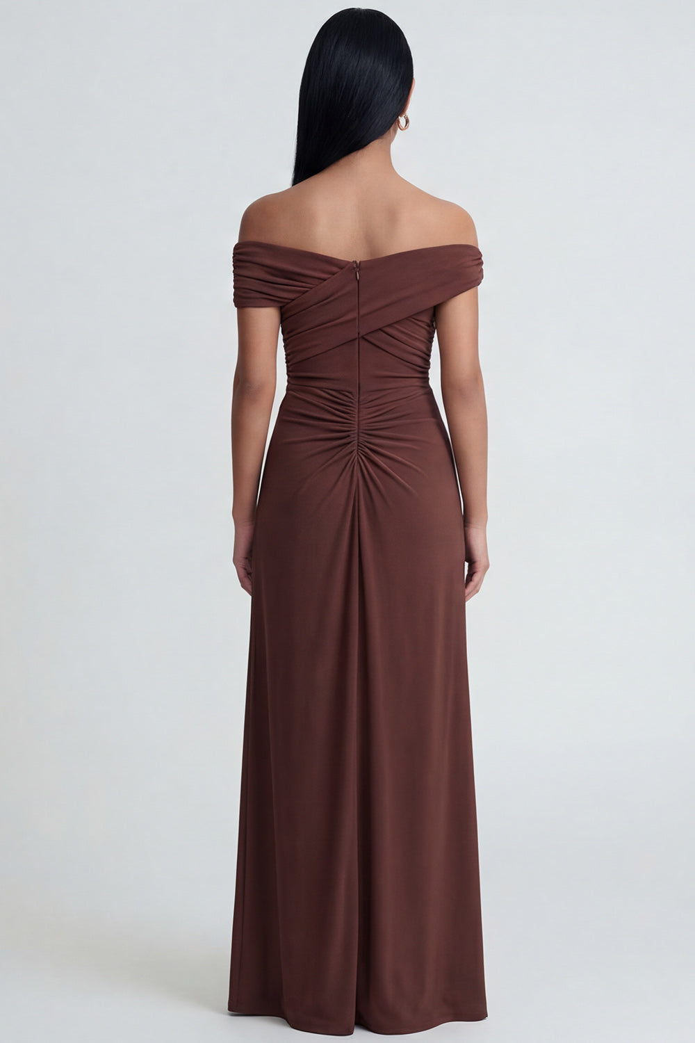 Off the Shoulder Brown Ruched Long Sheath Formal Dress with Slit