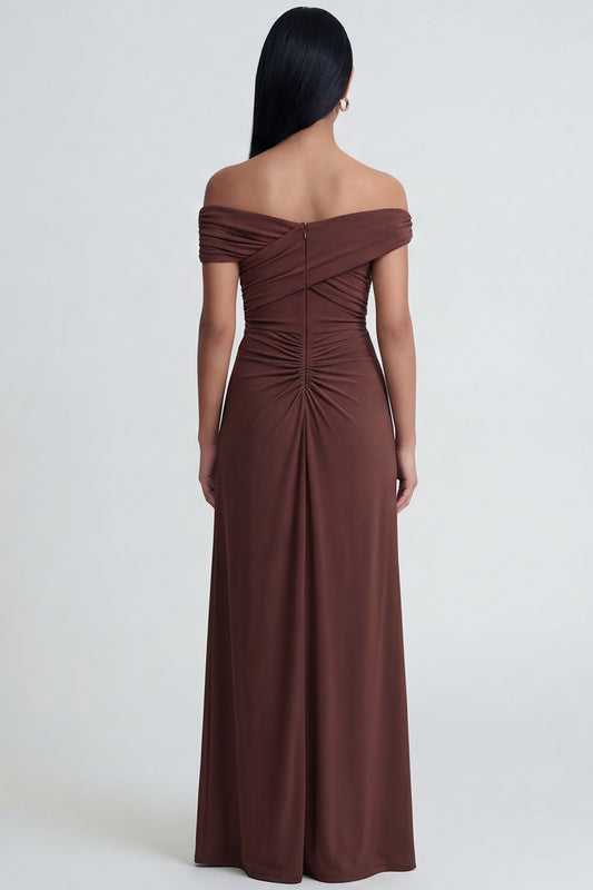 Off the Shoulder Brown Ruched Long Sheath Formal Dress with Slit