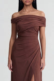 Off the Shoulder Brown Ruched Long Sheath Formal Dress with Slit
