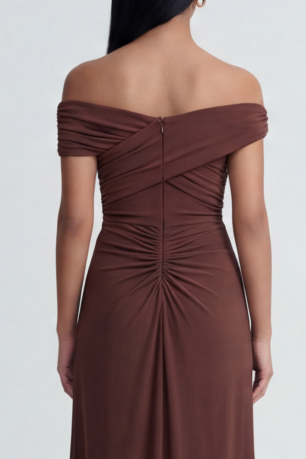 Off the Shoulder Brown Ruched Long Sheath Formal Dress with Slit