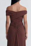 Off the Shoulder Brown Ruched Long Sheath Formal Dress with Slit
