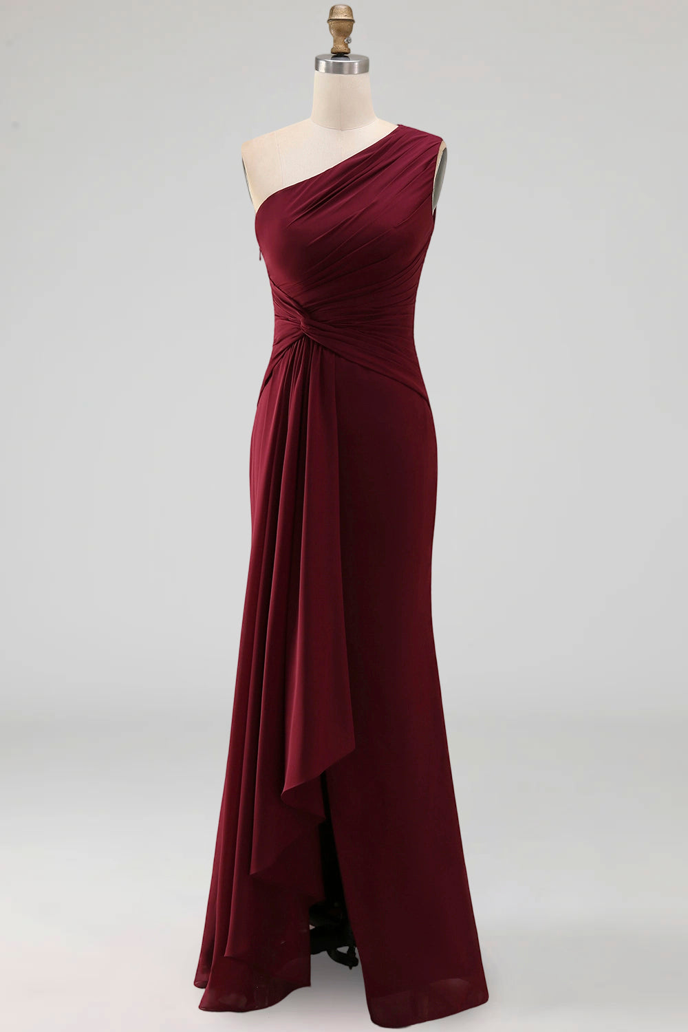 Ruched Long Mermaid Burgundy One Shoulder Formal Dress with Ruffles
