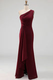 Ruched Long Mermaid Burgundy One Shoulder Formal Dress with Ruffles