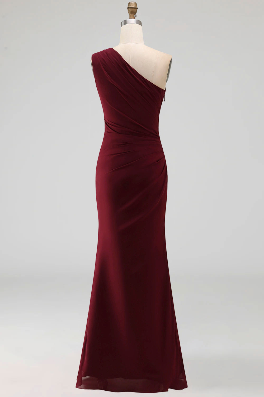 Ruched Long Mermaid Burgundy One Shoulder Formal Dress with Ruffles