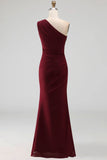 Ruched Long Mermaid Burgundy One Shoulder Formal Dress with Ruffles