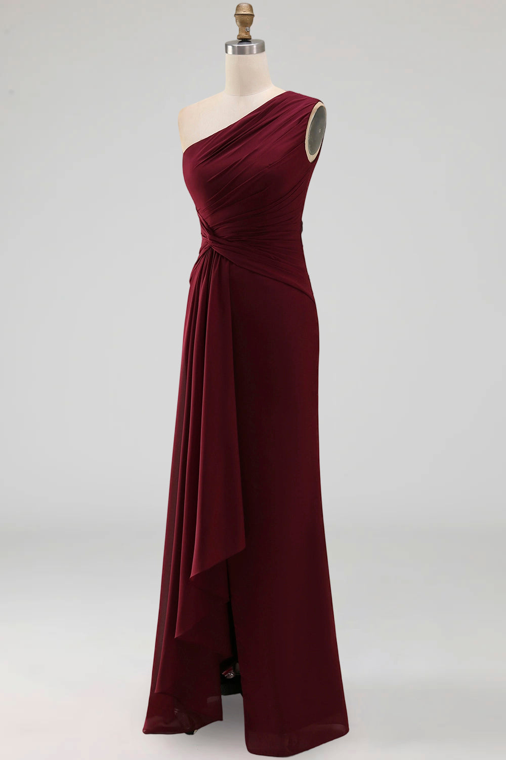 Ruched Long Mermaid Burgundy One Shoulder Formal Dress with Ruffles