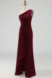 Ruched Long Mermaid Burgundy One Shoulder Formal Dress with Ruffles