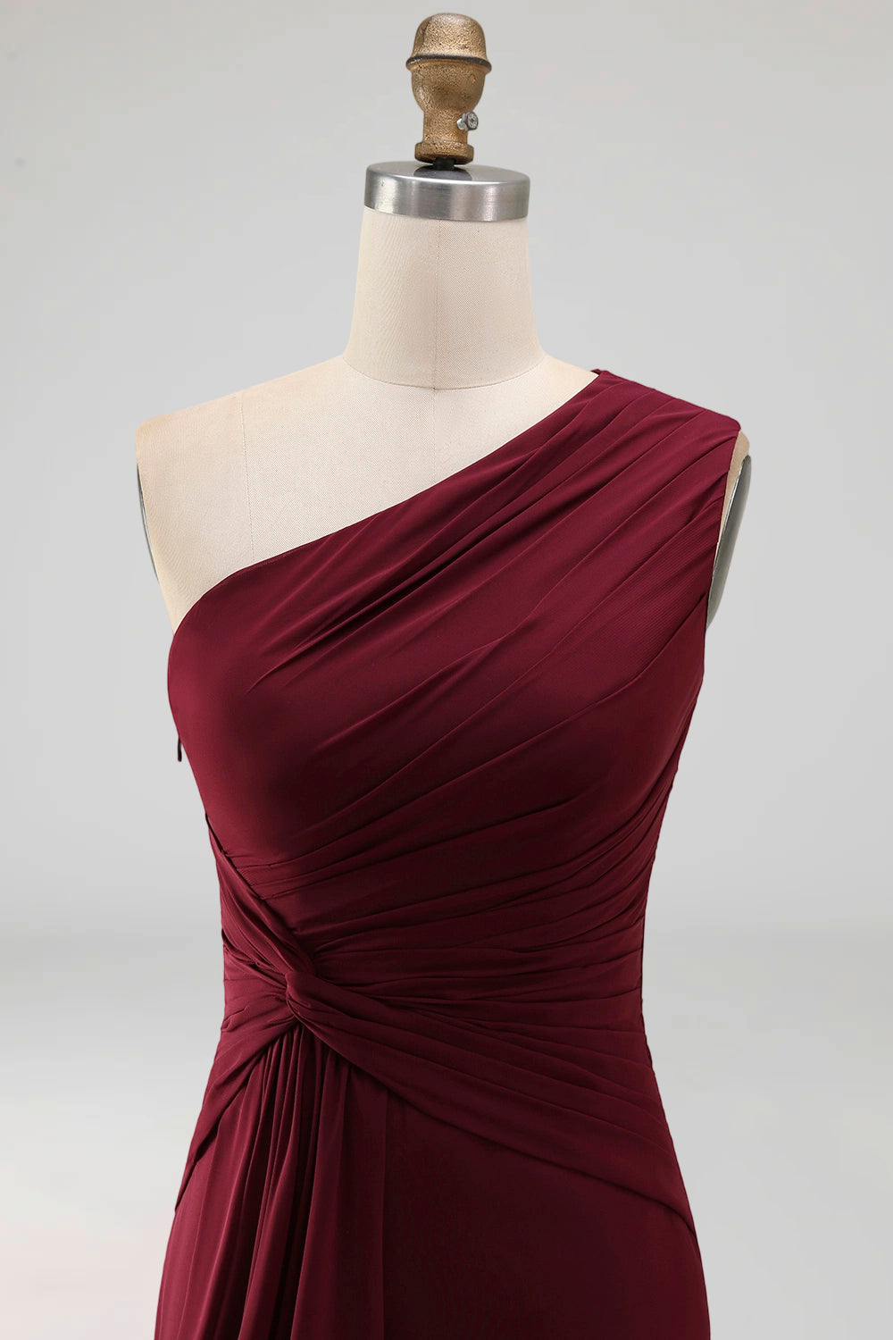 Ruched Long Mermaid Burgundy One Shoulder Formal Dress with Ruffles