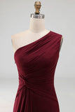 Ruched Long Mermaid Burgundy One Shoulder Formal Dress with Ruffles