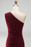 Ruched Long Mermaid Burgundy One Shoulder Formal Dress with Ruffles