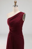 Ruched Long Mermaid Burgundy One Shoulder Formal Dress with Ruffles