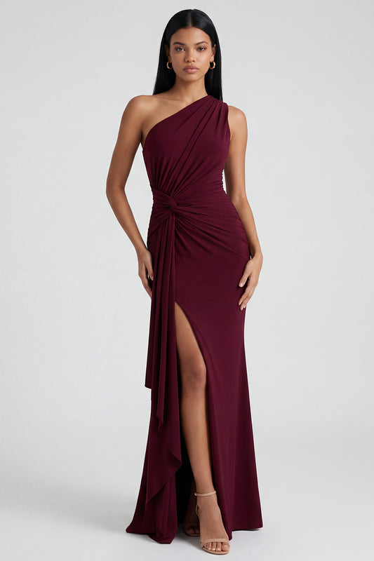 Ruched Long Mermaid Burgundy One Shoulder Formal Dress with Ruffles