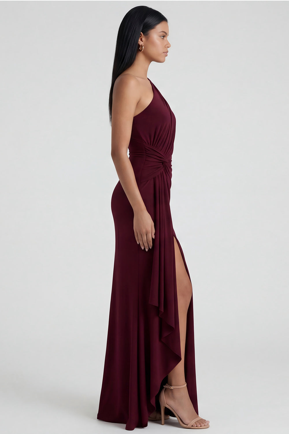 Ruched Long Mermaid Burgundy One Shoulder Formal Dress with Ruffles