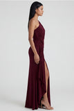 Ruched Long Mermaid Burgundy One Shoulder Formal Dress with Ruffles