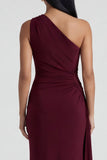 Ruched Long Mermaid Burgundy One Shoulder Formal Dress with Ruffles