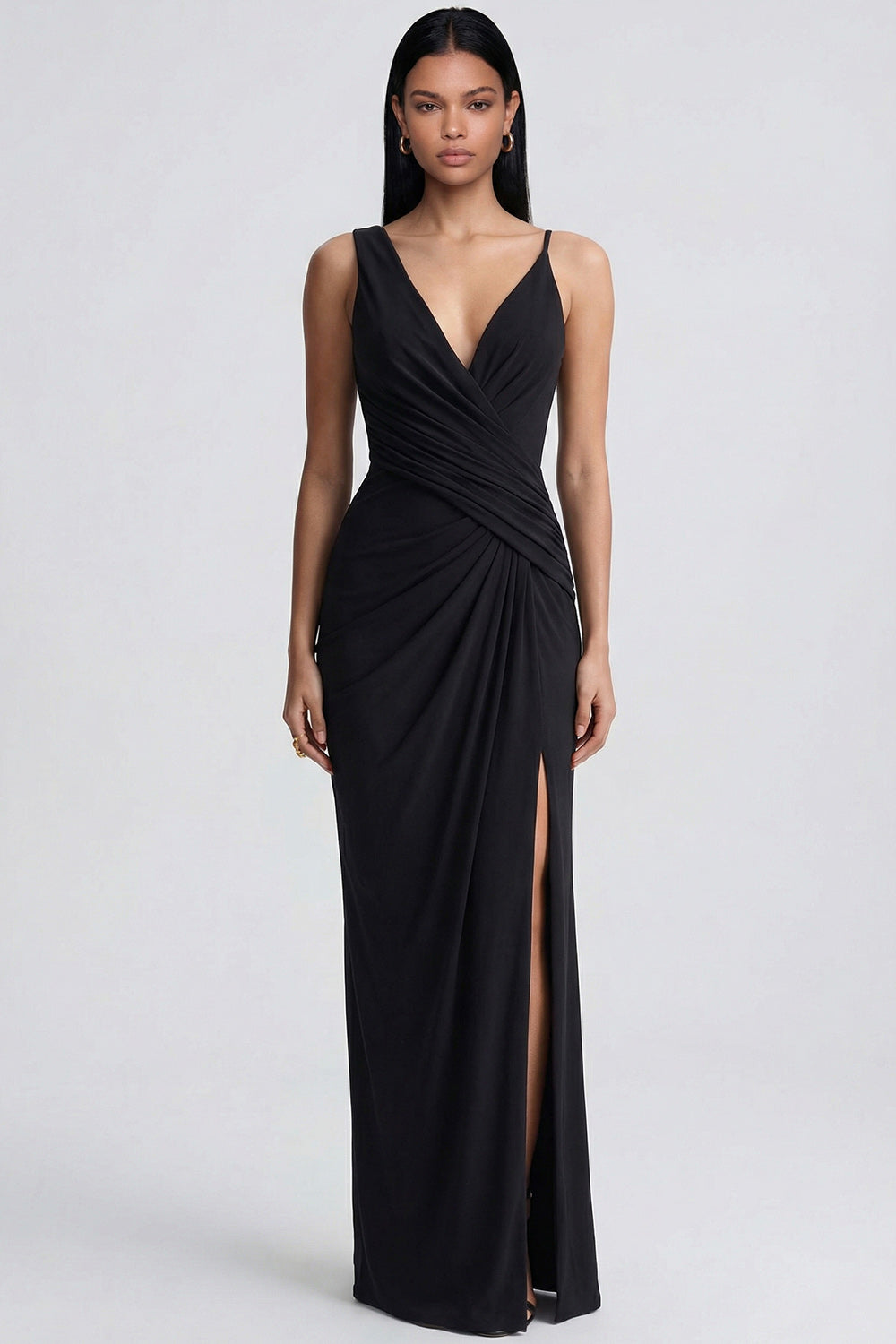 V-Neck Black Ruched Long Sheath Formal Dress with Slit