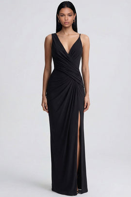 V-Neck Black Ruched Long Sheath Formal Dress with Slit