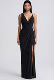 V-Neck Black Ruched Long Sheath Formal Dress with Slit