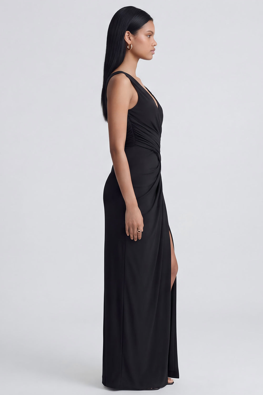 V-Neck Black Ruched Long Sheath Formal Dress with Slit