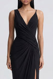 V-Neck Black Ruched Long Sheath Formal Dress with Slit