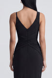 V-Neck Black Ruched Long Sheath Formal Dress with Slit
